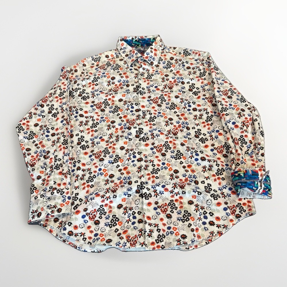 Robert Graham Shirt Mens L Flip Cuff Geometric Floral Snake Flower Abstract